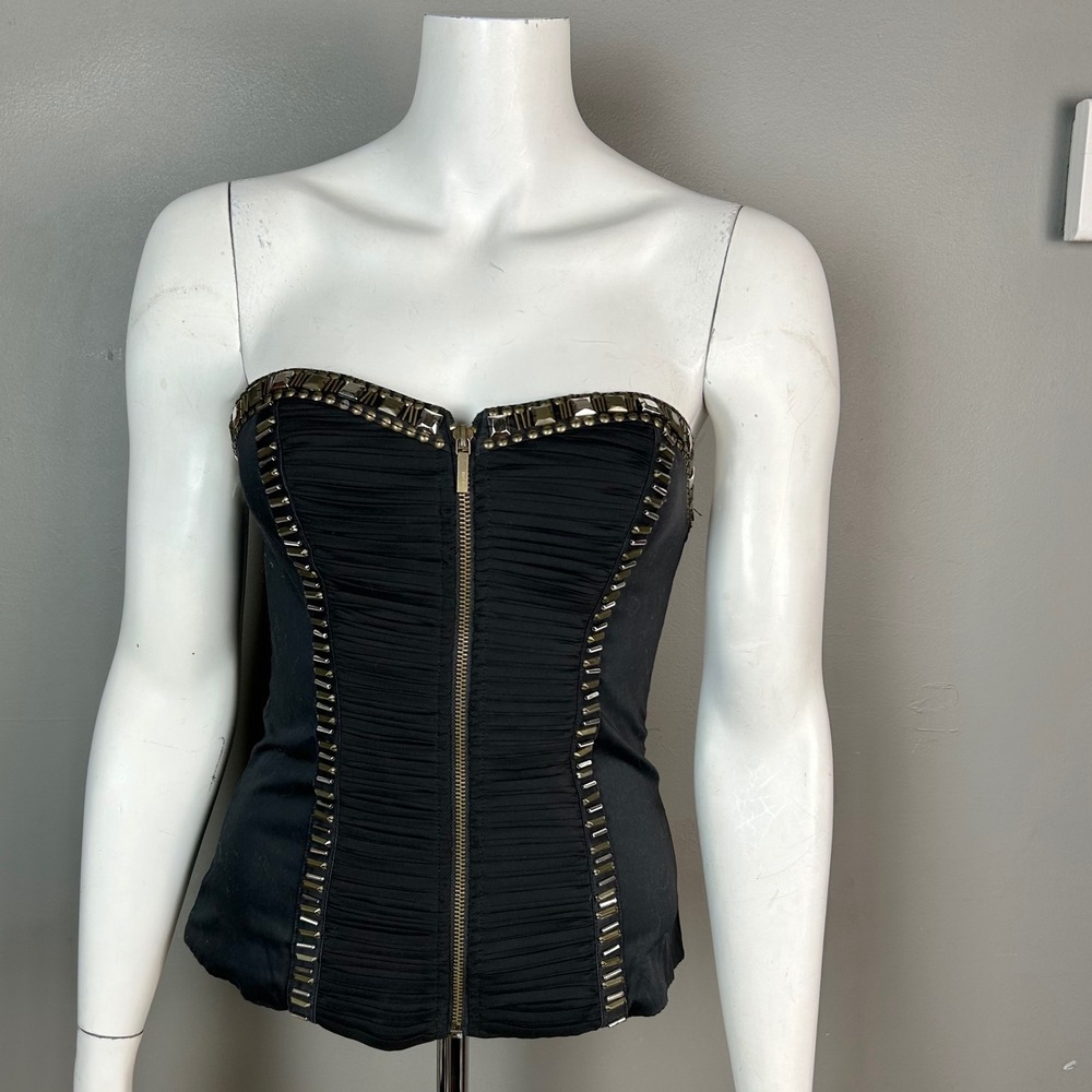 Rocker Chain Corset Top Bebe small Black Ruched Studded Strapless Sweetheart